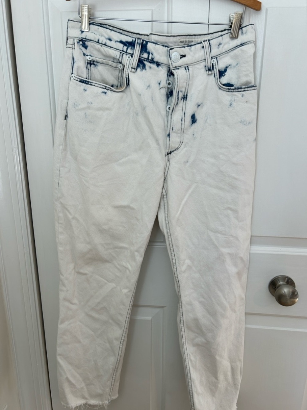 rag & bone White Jeans with Blue Tie-Dye Accents, Flare Cut